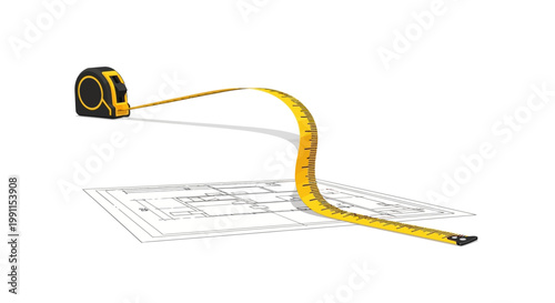 3D Illustration of a Yellow Tape Measure Extended Over Architectural House Blueprint Floor Plan, Home Construction and Renovation Planning Concept