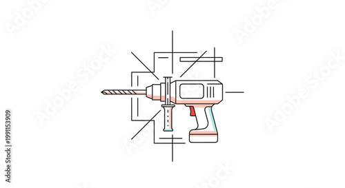 Minimalist Electric Hammer Drill Technical Line Art Illustration with Abstract Blueprint Background on White