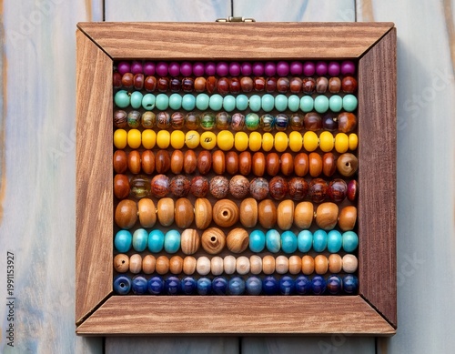 a colorful array of wooden beads on a wooden frame
