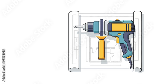 Power Hammer Drill on Architectural Blueprints for Construction Planning and Home Renovation Vector Illustration