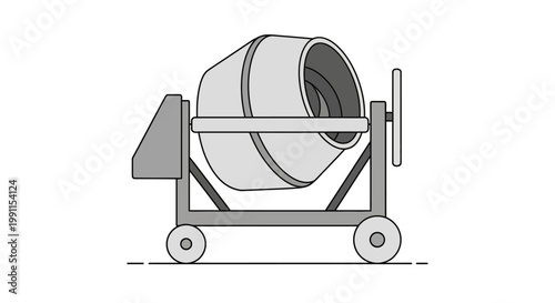 Minimalist Concrete Mixer Illustration, Portable Cement Mixing Machine Icon for Construction and Building Industry Projects, Isolated on White Background