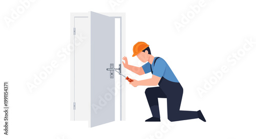 Professional Handyman Repairing a Door Lock Handle with a Screwdriver Vector Illustration