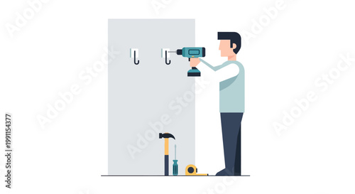 Handyman Using Power Drill for Wall Installation Vector Illustration - Home Repair and DIY Concept