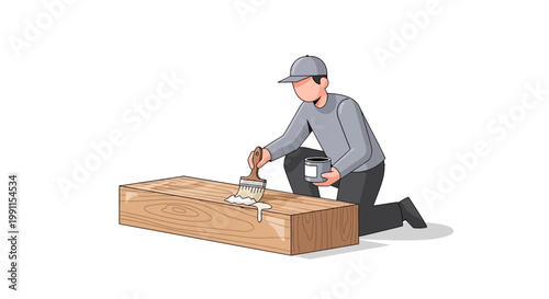 Carpenter or Handyman Applying Varnish or Paint to a Large Wood Beam, Woodworking and Furniture Restoration Vector Illustration