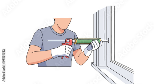Man Sealing Window with Caulking Gun Illustration - Home Maintenance and Weatherproofing Concept