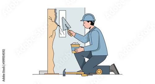 Professional Construction Worker or Handyman Repairing Damaged Wall with Trowel and Putty, Home Maintenance and Renovation Concept Illustration