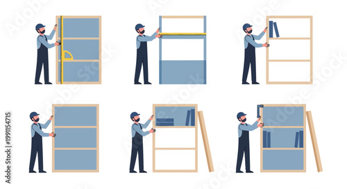 Professional Handyman Assembling and Measuring Wooden Bookshelves Illustration Set - Home Furniture Installation and DIY Service Concept