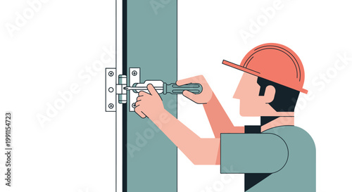 Professional Handyman Repairing a Door Hinge with a Screwdriver Vector Illustration - Construction and Home Maintenance Concept