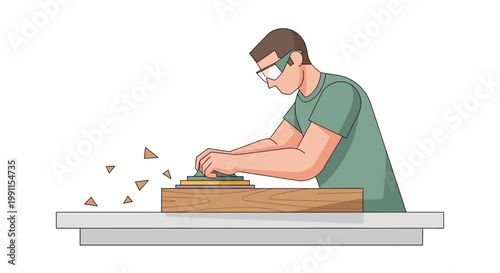 Carpenter Sanding Wood in Workshop Illustration - Professional Woodworking and DIY Craft Concept