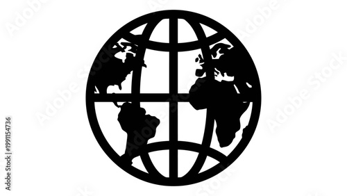 Black silhouette of a globe icon showing continents of north and south america, europe and africa, isolated on white bac
