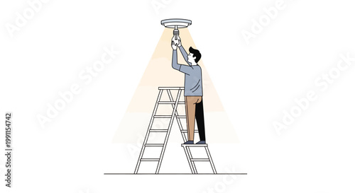 Man on Step Ladder Changing Light Bulb Illustration - Home Maintenance and DIY Repair Concept