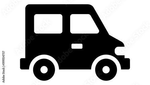 Black van icon silhouette, delivery truck symbol, transport vehicle sign isolated on white background