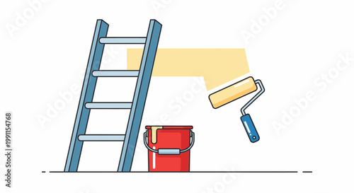 Professional House Painting and Home Improvement Illustration with Ladder, Paint Bucket, and Roller
