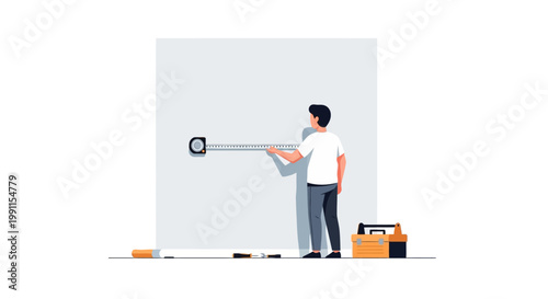 Man Measuring Wall with Tape Measure for Home Improvement, Renovation Planning, and DIY Repair Projects, Flat Vector Illustration Isolated on White