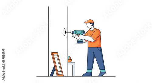 Professional Handyman Drilling a Hole in a Wall for Home Improvement Vector Illustration
