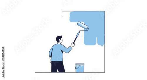 Man Painting Wall Blue with Paint Roller, DIY Home Renovation and Improvement Concept, Minimalist Vector Illustration