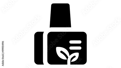 Ecofriendly cosmetic product icon, sustainable beauty packaging symbol, natural skincare bottle with leaf graphic, organ