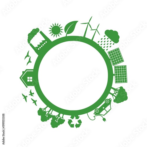 Green energy planet earth concept with wind turbines, solar panels, electric car, trees and recycle symbol. Vector. JPEG version.
