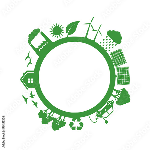 Green energy planet earth concept with wind turbines, solar panels, electric car, trees and recycle symbol. Vector. Transparent PNG version.