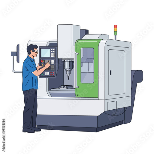 Industrial CNC Machine Operator Working at Control Panel Illustration - Precision Engineering and Manufacturing Concept