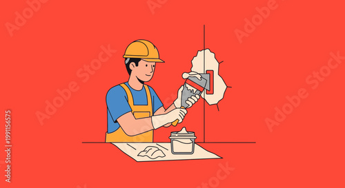 Professional Handyman Repairing Damaged Wall with Plaster and Putty Knife - Flat Style Illustration
