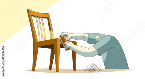 Artisan Sanding a Wooden Chair for Furniture Restoration and Upcycling DIY Project Illustration