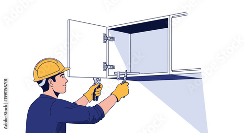 Professional Handyman Repairing and Installing Kitchen Cabinet with Pliers, Flat Vector Illustration of Furniture Maintenance Service