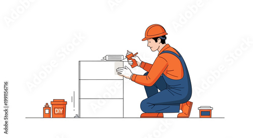 Professional Handyman in Hard Hat Applying Sealant to Furniture, Home Renovation Vector Illustration