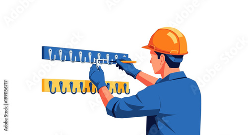 Professional Handyman in Safety Gear Installing Wall Hooks, Flat Vector Illustration of Construction Worker for Home Improvement and Organization Services