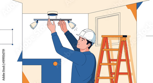 Professional Electrician Installing Modern Ceiling Track Lighting, Handyman Maintenance Service Illustration with Technician in Hard Hat and Ladder