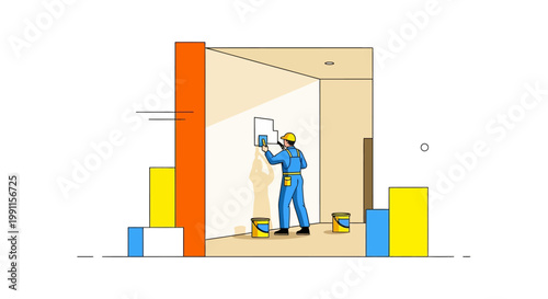 Professional Painter and Handyman Renovating Home Interior, Modern Minimalist Vector Illustration of Construction Worker Plastering Wall with Paint Buckets