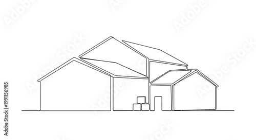 Minimalist Line Art Drawing of a House with Boxes, Architectural Sketch