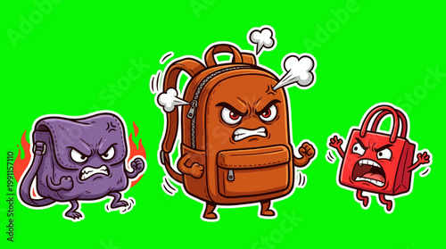 Cartoon Backpacks with Angry Faces and Expressions on Green Background.
