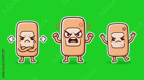 Cartoon Bandages Expressing Various Angry Emotions on Green Background.