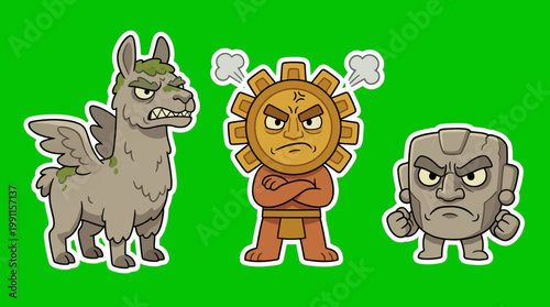 Cartoon Characters with Angry Expressions on Green Background.