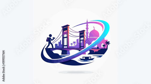 Colorful illustration of a city with a bridge and mosque in silhouette.