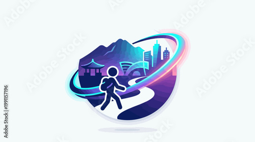 Abstract illustration of a person walking towards a city with mountains.