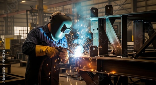 An industrial worker welding metal structures