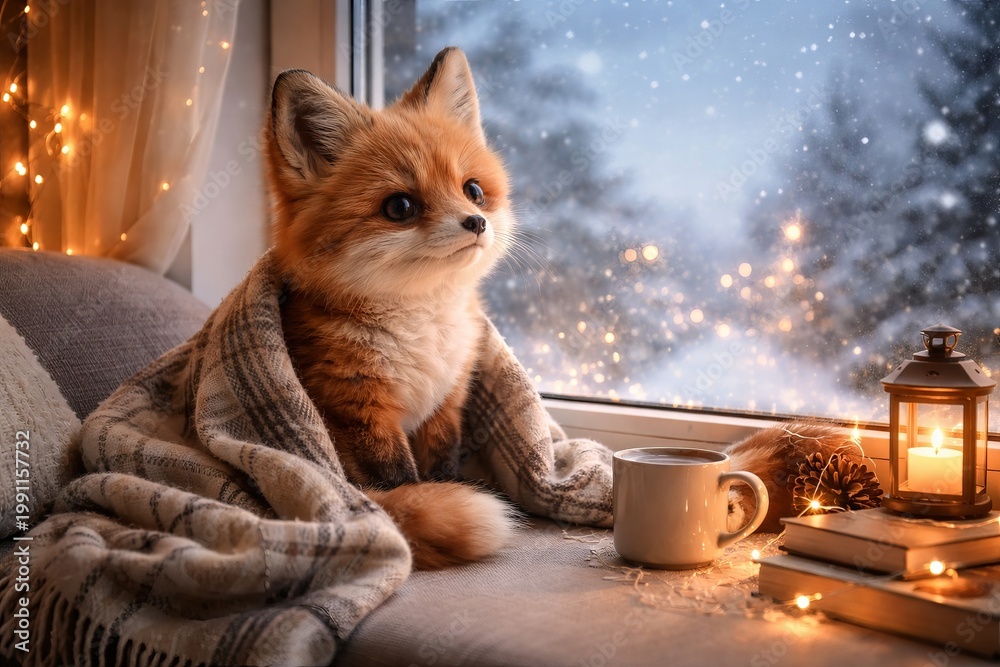Fototapeta premium Cozy fox wrapped in blanket by window with lantern and coffee during winter snowfall