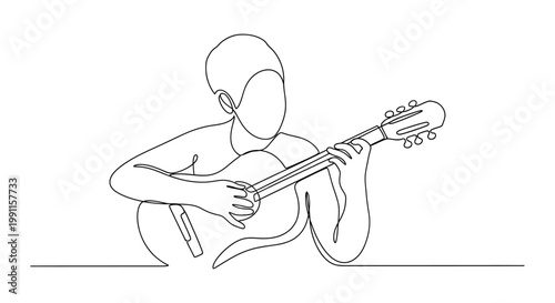 Minimalist continuous line drawing of a person playing acoustic guitar, artistic music concept