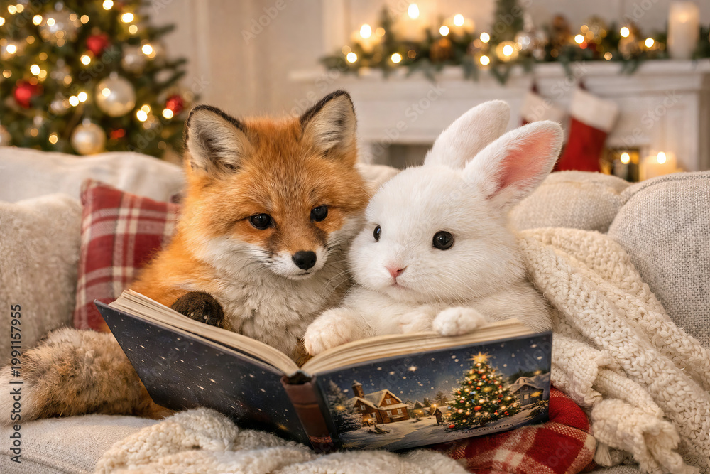 Fototapeta premium Cute fox and white bunny reading a book together on a cozy couch in a festive living room during christmas season. concept of friendship, holiday warmth, adorable animals