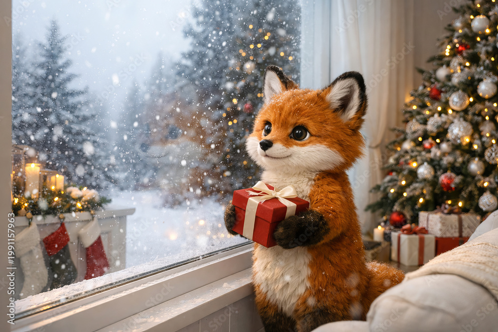 Obraz premium Cute fox holding gift box by window in cozy christmas decor during winter snowfall. concept of holiday spirit, winter scene, adorable animal themed seasonal decor