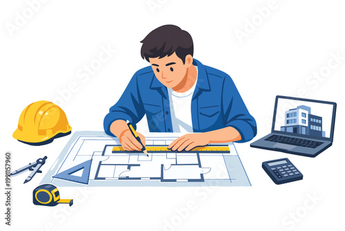 Architect Drafting Building Blueprint and Floor Plan With Laptop, Tools, and Hard Hat on Desk