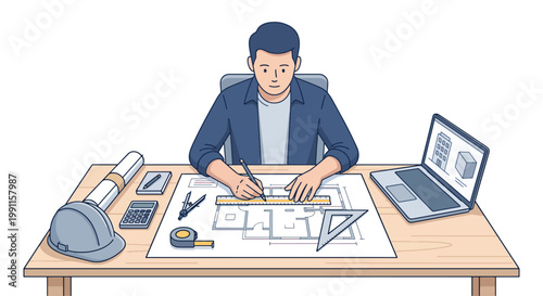 Architect Working on Blueprint and Building Design at Desk With Laptop and Drafting Tools