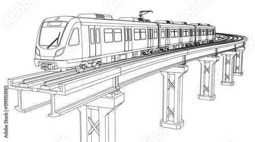 Modern Elevated Metro Train on Curved Viaduct Line Art Illustration for Transit Design