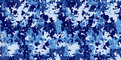 Abstract digital camouflage pattern in cool blues.  Seamless texture ideal for backgrounds, textiles, and fashion design.  Modern, pixelated style evokes a sense of mystery and concealment.