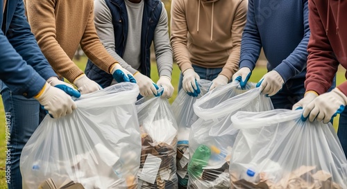 Volunteers collecting trash in community park during earth day environmental cleanup activity. concept of eco-friendly initiative, environmental awareness, community service