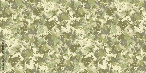 Abstract desert camouflage pattern. Seamless digital texture ideal for military, fashion, or gaming designs.  Evokes themes of concealment, strategy, and adaptability.