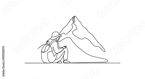 Hiker Resting with Backpack Near Mountain Peak, Minimalist Line Art