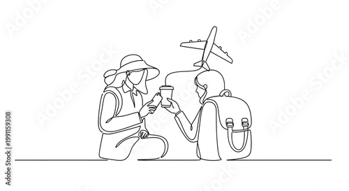 Travelers sharing coffee and planning trip with airplane and map, continuous line art
